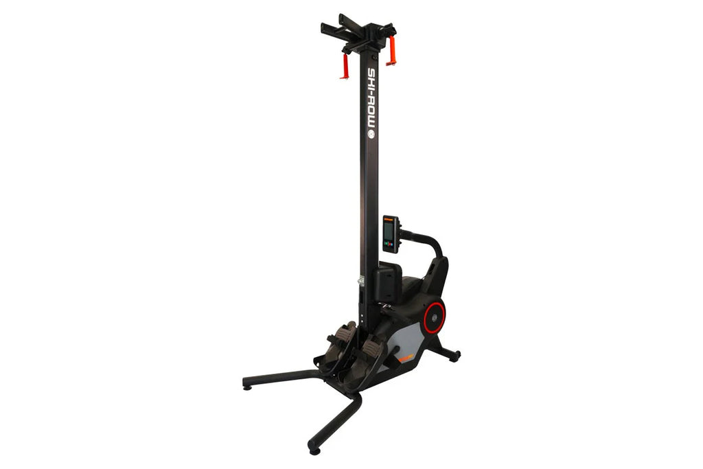 SKI-ROW Air+PWR rowing machine with black frame, red accents, digital display, and orange handlebar grips on white background