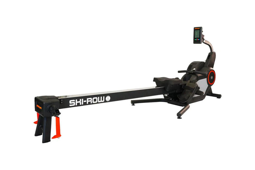 SHI-ROW black rowing machine with red accents, digital monitor on adjustable arm, and orange foot stabilizers on white backgr