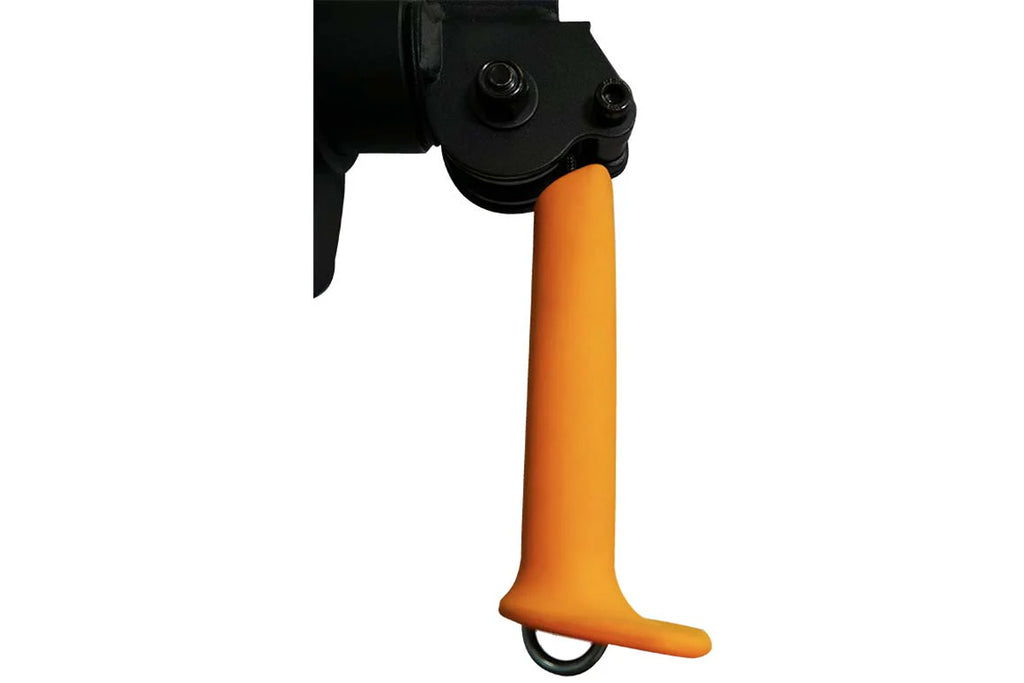 Claw hammer with black metal head and orange rubber grip handle on white background