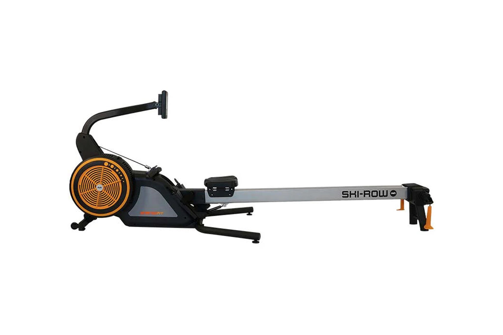 SHI-ROW Air rowing machine with orange and black design, gray beam, and digital monitor on white background
