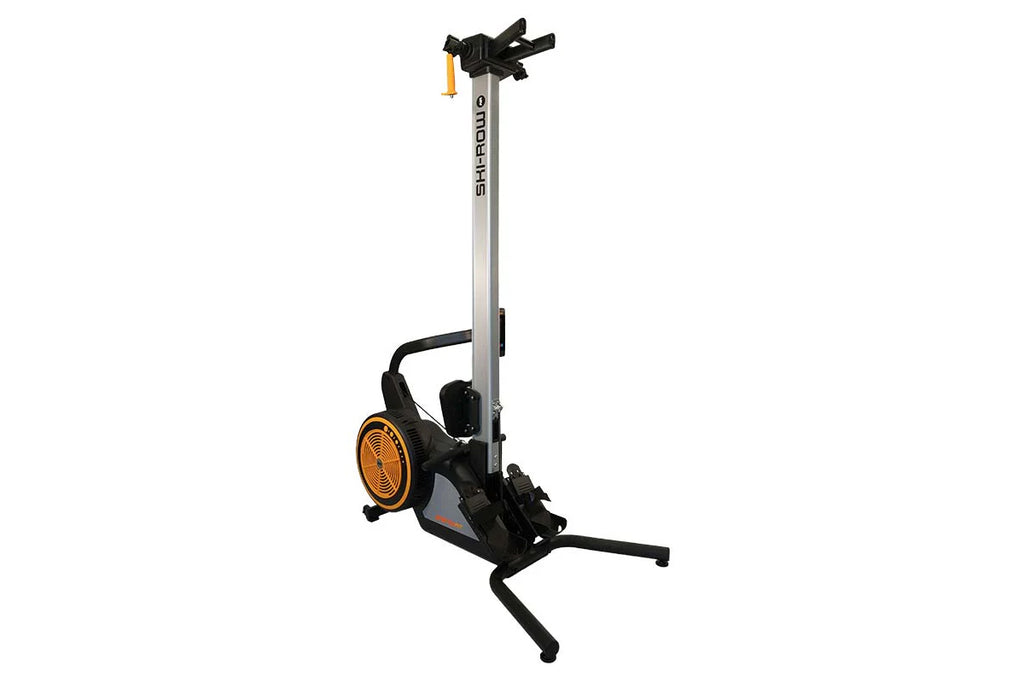 SKI-ROW AIR rowing machine with silver vertical frame, black seat and foot pedals, orange resistance fan, and adjustment hand