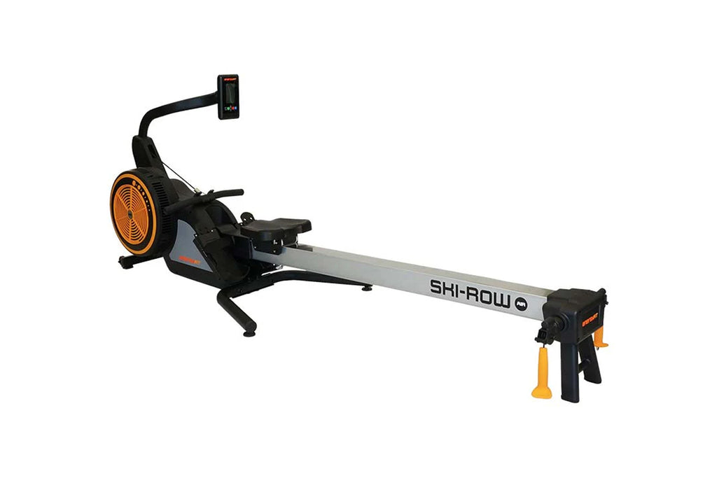 Ski-Row Air rowing machine with black frame, orange flywheel, digital monitor, and yellow foot stabilizer on white background