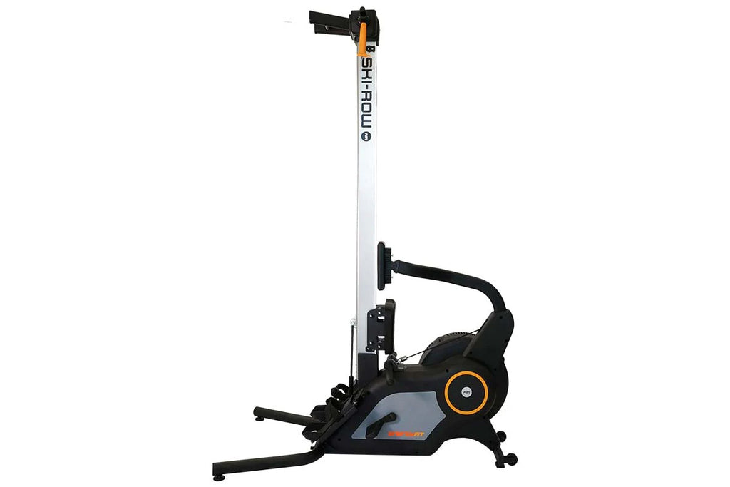 Shroud black and orange rowing machine with white vertical rail and black curved handle, on white background