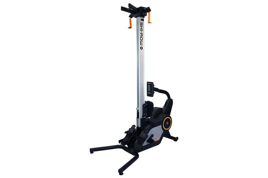 Ski-Row Air rowing machine with white aluminum frame, black seat and footrest, orange handles, and digital display on white b