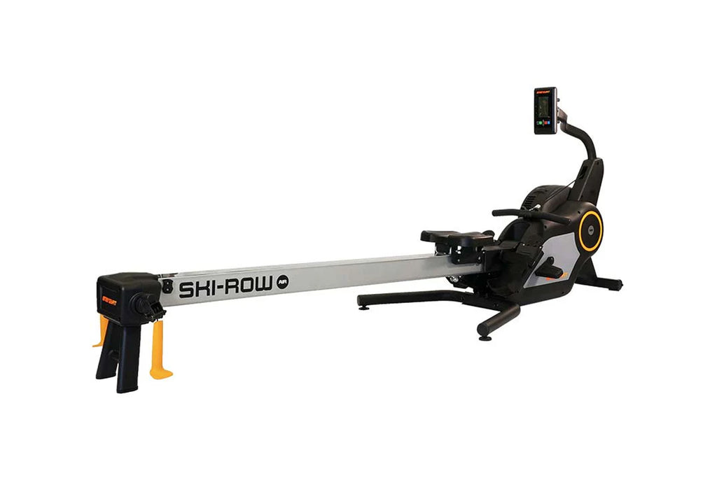Shi-Row Air rowing machine with gray beam, black seat and frame, digital display monitor, and yellow accents on white backgro