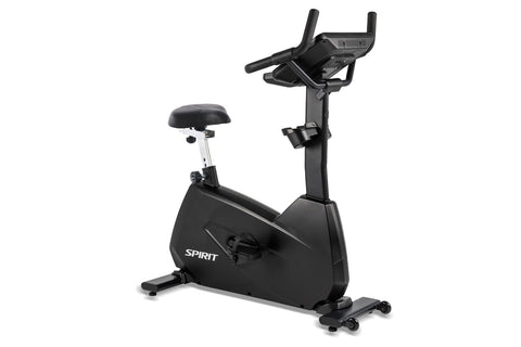 Spirit CU800ENT upright exercise bike with black frame, padded seat, dual handlebar arms, and digital console on white backgr