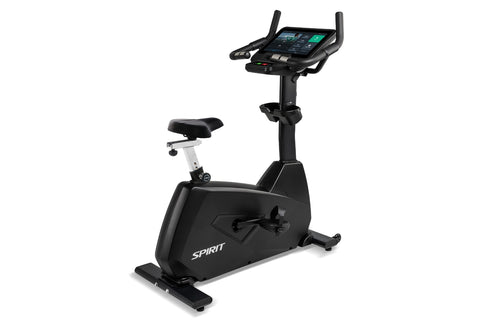 Spirit CU800ENT upright exercise bike with black frame, padded seat, dual handlebar arms, and digital console on white backgr