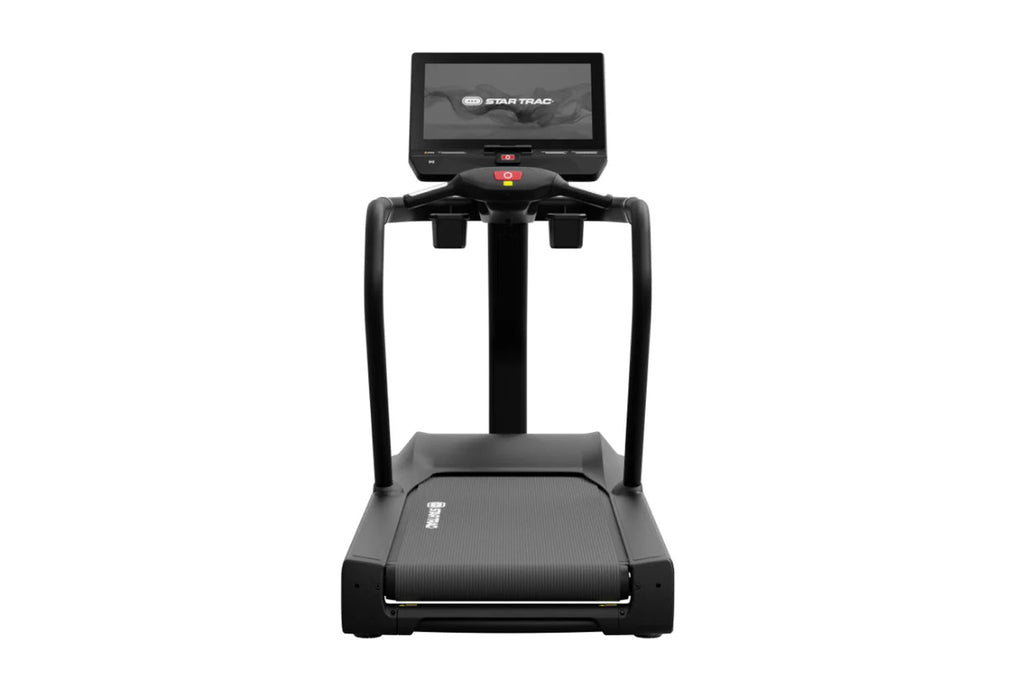 Black Star Trac 8TR treadmill with digital display console, dual handles, textured running deck, and red accent buttons on wh
