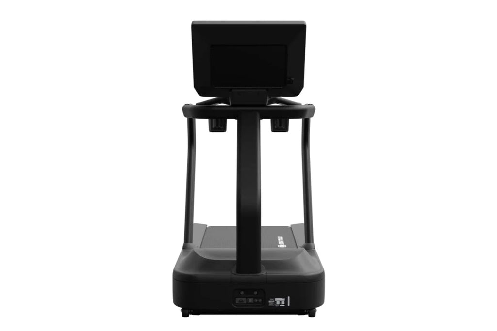 Black Star Trac 8TR treadmill with digital display screen, dual handrails, and wide running deck on white background