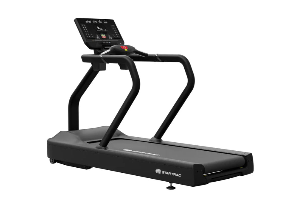 Star Trac 8TR commercial treadmill with black frame, wide running deck, dual handles, and digital display console on white ba