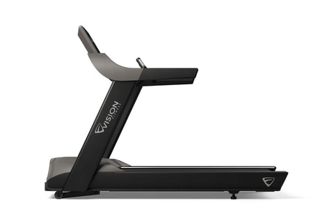 Black and gray Vision T600 light commercial treadmill with digital display console, dual handles, and textured running deck o