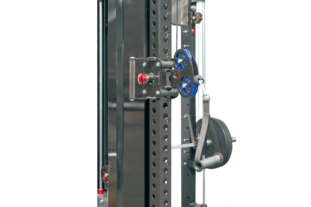 Power Rack Pully Adaptor Black cable crossover pulley system with blue and red adjustment wheels ...
