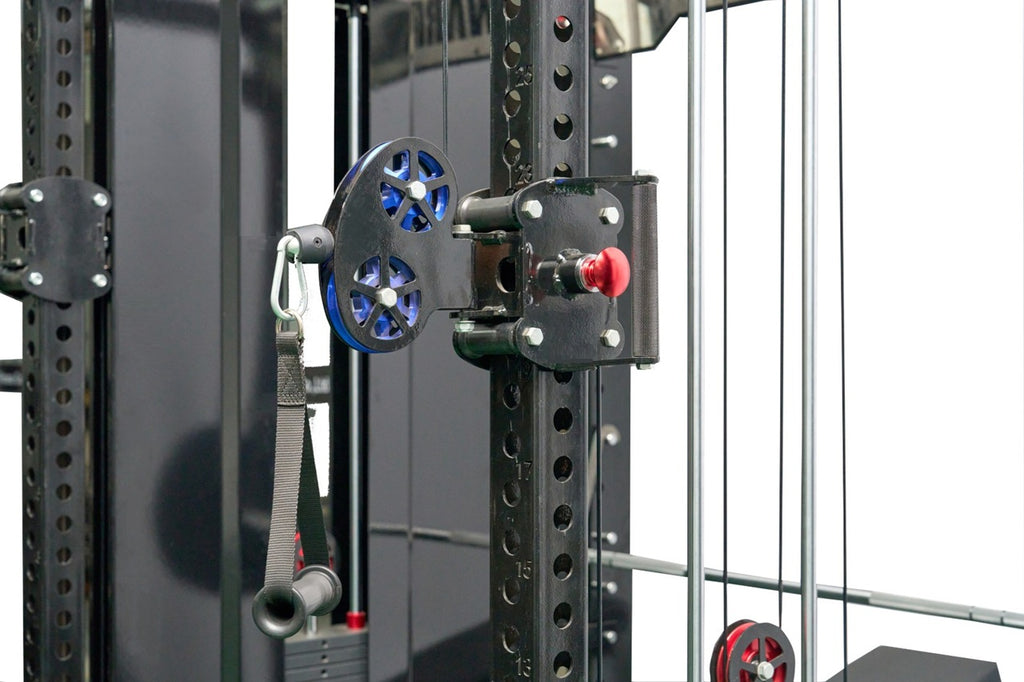 Power Rack Pully Adaptor Black cable machine pulley system with blue and red wheels attached to ...