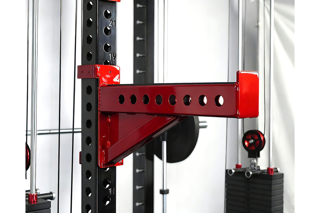 Red and black cable crossover pulley attachment mounted on black power ...