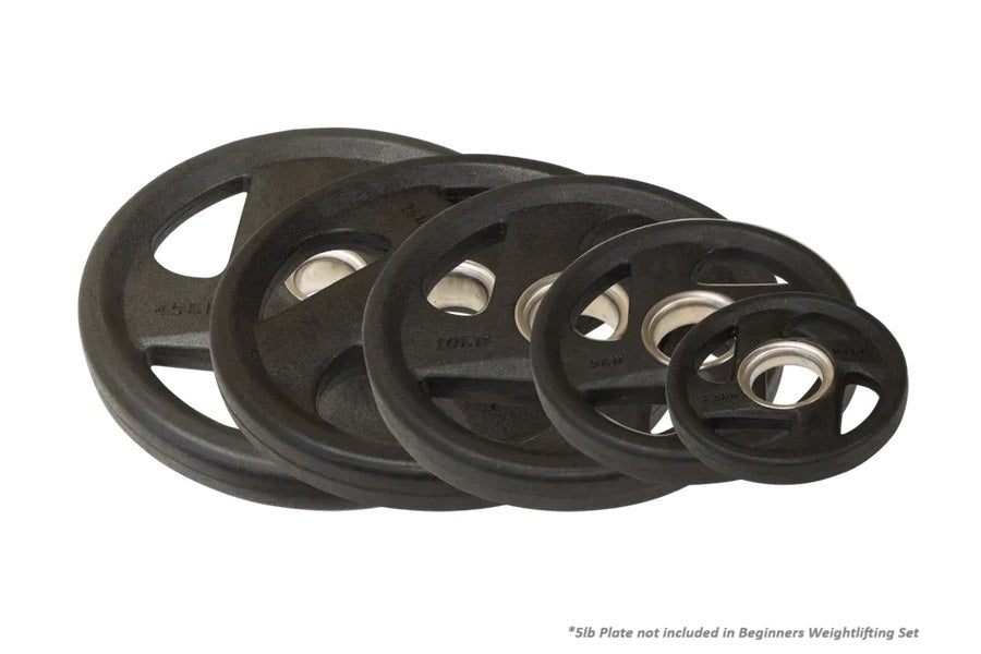 Black rubber-coated weight plates in assorted sizes arranged in descending order, flat lay on white background