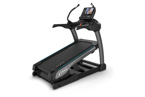 TRUE Alpine Runner black incline trainer with digital touchscreen display and curved running deck on white background