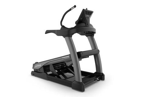 TRUE Alpine Runner black incline trainer with digital touchscreen display and curved running deck on white background