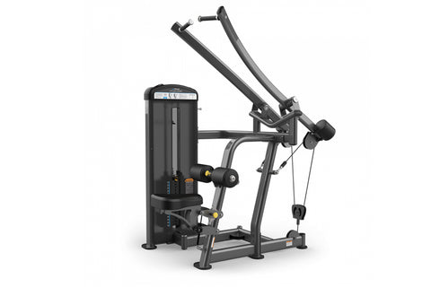 Black and gray lat pulldown exercise machine with adjustable weight stack, dual handles, and cable system on white background