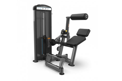 Black commercial lower back extension machine with padded seat, footrest, and handlebar, on white background