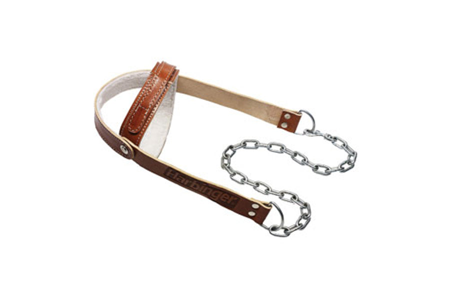 Warrior brown leather head harness with metal chain leash and adjustable straps on white background