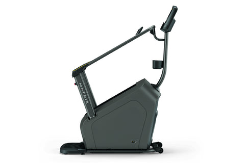 Black and gray stair climbing exercise machine with digital display console and dual handrails on white background