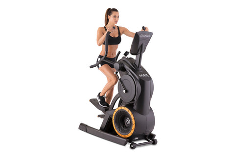 Black and orange Octane Fitness MTX Max Trainer elliptical machine with curved handlebar arms and digital display, on white b
