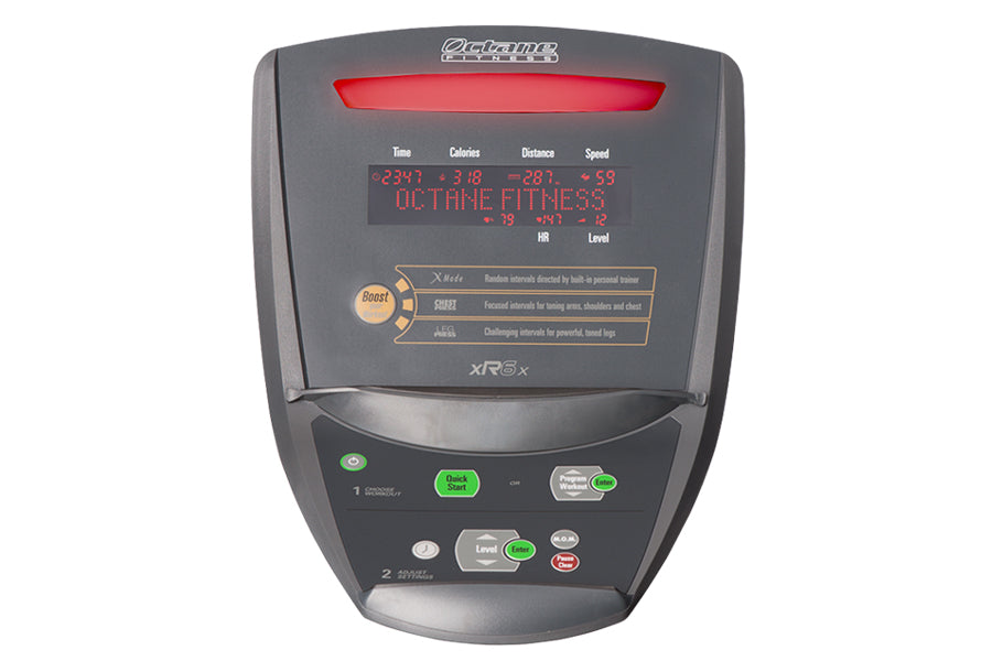 Gray Octane xR6x seated elliptical machine with red accent bar, digital display showing fitness metrics, and green control bu