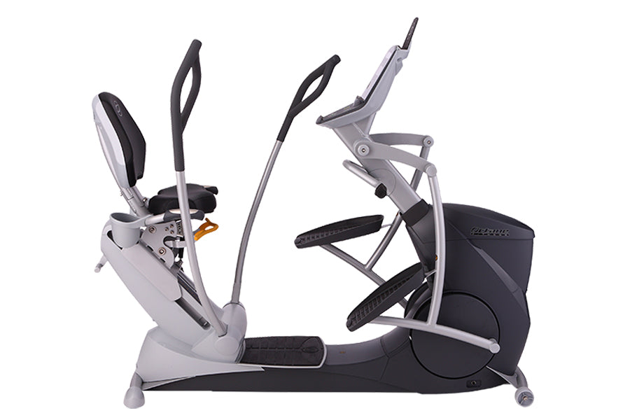 Octane xR6x seated elliptical machine with gray frame, black pedals and seat, dual handle bars, on white background
