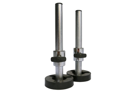 Powertec one inch weight horn adapter pair with silver metal shafts, chrome collars, and black rubber bases on white backgrou