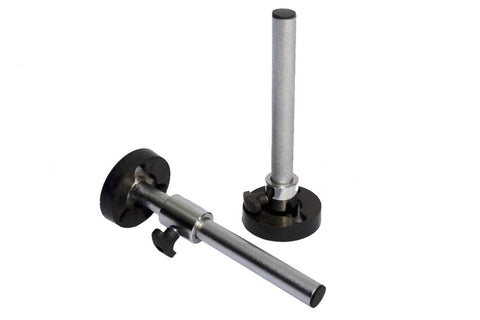 Powertec one inch weight horn adapter pair with silver metal shafts, chrome collars, and black rubber bases on white backgrou