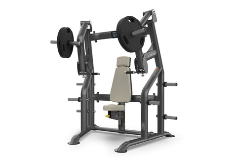 TRUE PLS-0100 Chest Press machine with dark gray frame, beige padded seat, and black weight plate on white background