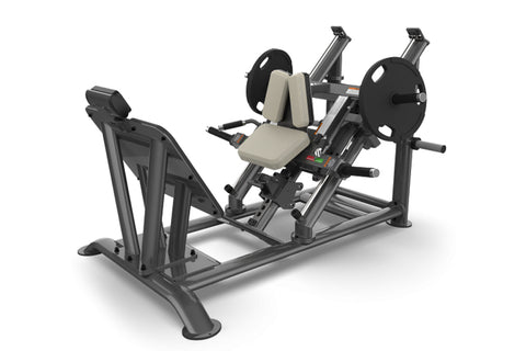 Black and gray hack squat machine with cream-colored padded seat, barbell, and weight plates on white background