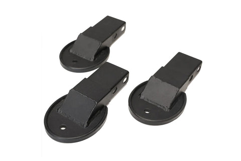 Black metal footplate with mounting base and rectangular lever arm, set of 3, on white background