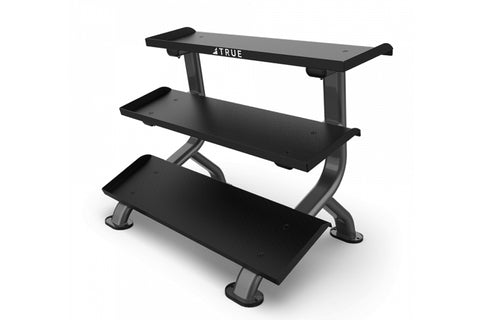4TRUE black dumbbell rack with three tiered shelves and curved metal frame on white background