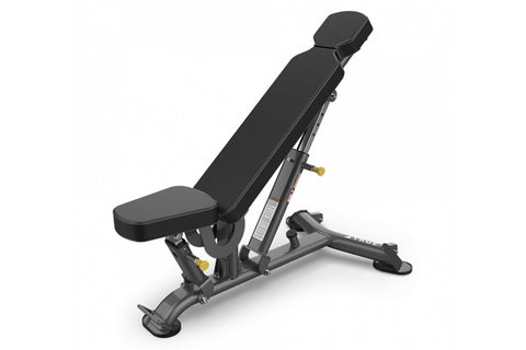 TRUE SF-1000 adjustable weight bench with black padded seat and backrest, metal frame with yellow accents, on white backgroun