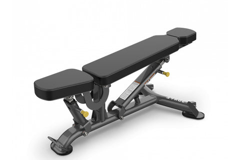 TRUE SF-1000 adjustable weight bench with black padded seat and backrest, metal frame with yellow accents, on white backgroun