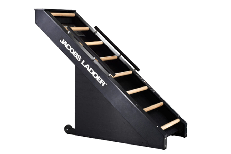 Black Jacobs Ladder climbing machine with wooden steps and side rails on white background