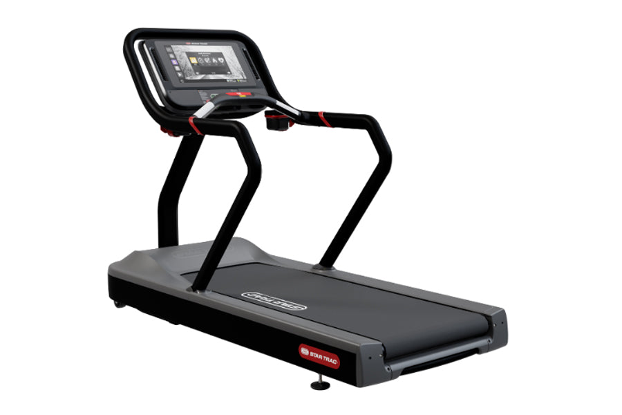 Black Star Trac commercial treadmill with digital console, red accents, and cushioned running deck on white background