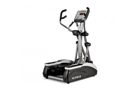 TRUE M50 elliptical machine with silver frame, black base, digital console, and curved handles on white background