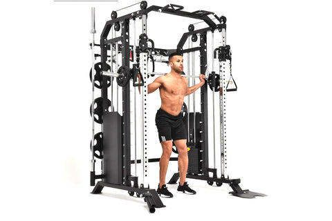 Black and silver dual-station functional trainer with cable crossover, adjustable arms, and integrated Smith machine on white