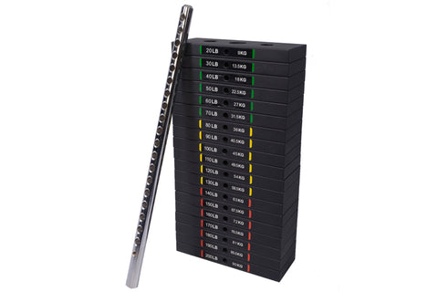 Black weight stack set with 20lb to 200lb plates color-coded by weight, includes silver barbell bar on white background